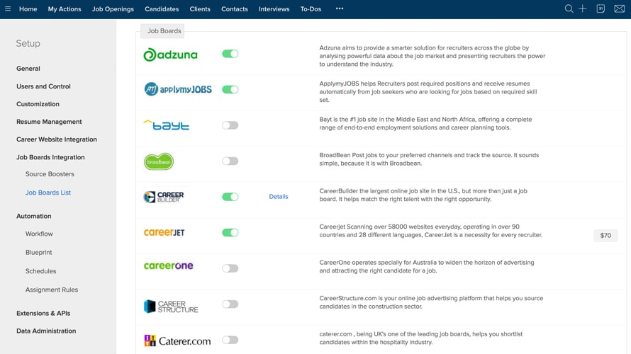 screenshot of Zoho Recruit